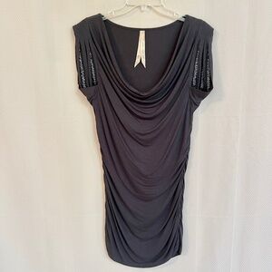 Bailey 44 Drape Collar Side Rushed Tunic Top With Beads Dark Gray SZ L